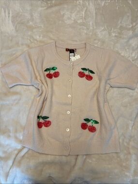 Cream Short-Sleeve Cardigan with Sequin Cherry Accents